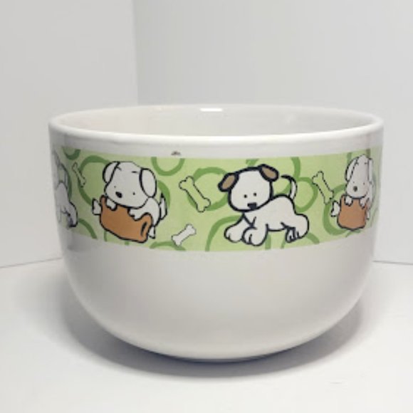 OVERSIZED WHITE COFFEE MUG WITH GREEN STIPE RIM AND PUPPY DOGS - Picture 2 of 6